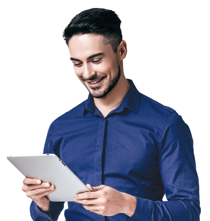 Important Notice Man looking at Global Payroll Calculator on a tablet